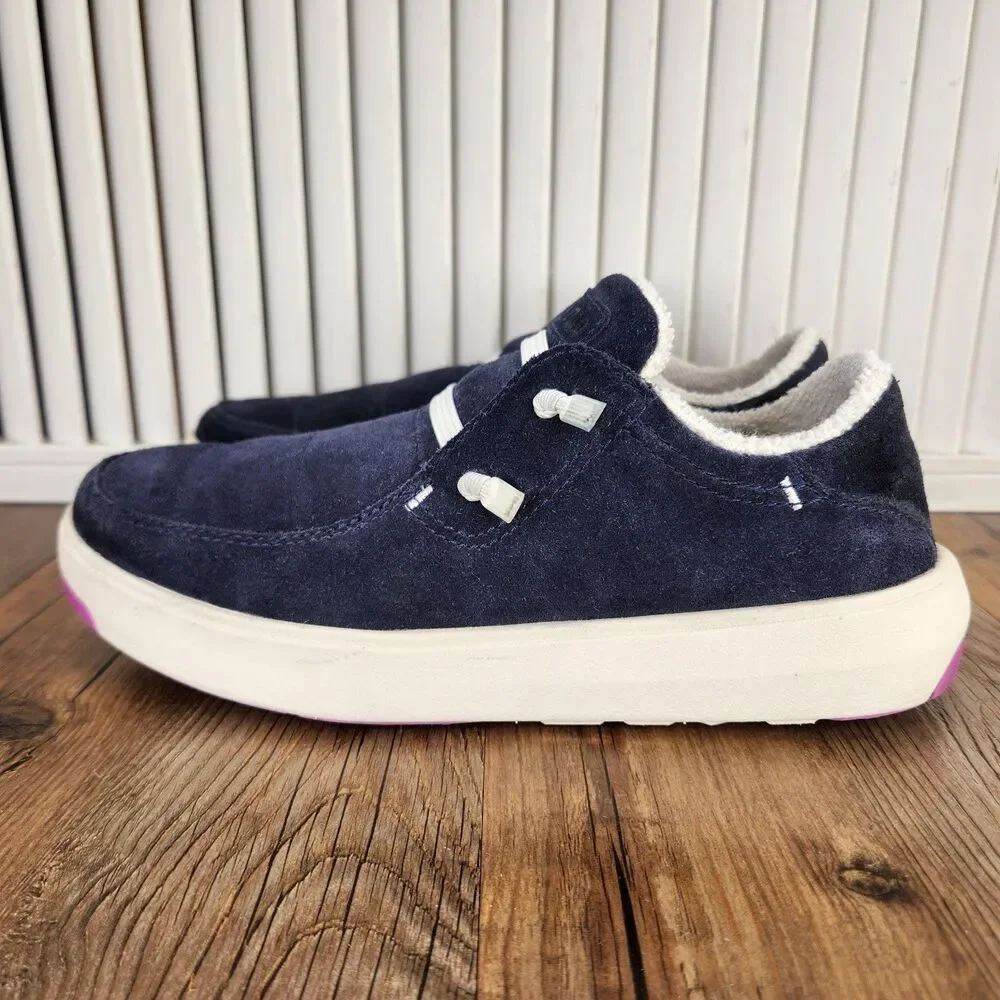 Stio Colter Low Shoes Womens Sz 8 Navy Blue Suede Sherpa Lined Slip On Sneakers